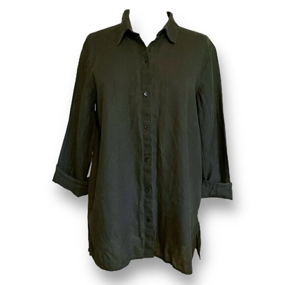 Eileen Fisher Womens Shirt Sz Small Olive Green Organic Linen Minimalist Tunic - Picture 1 of 4